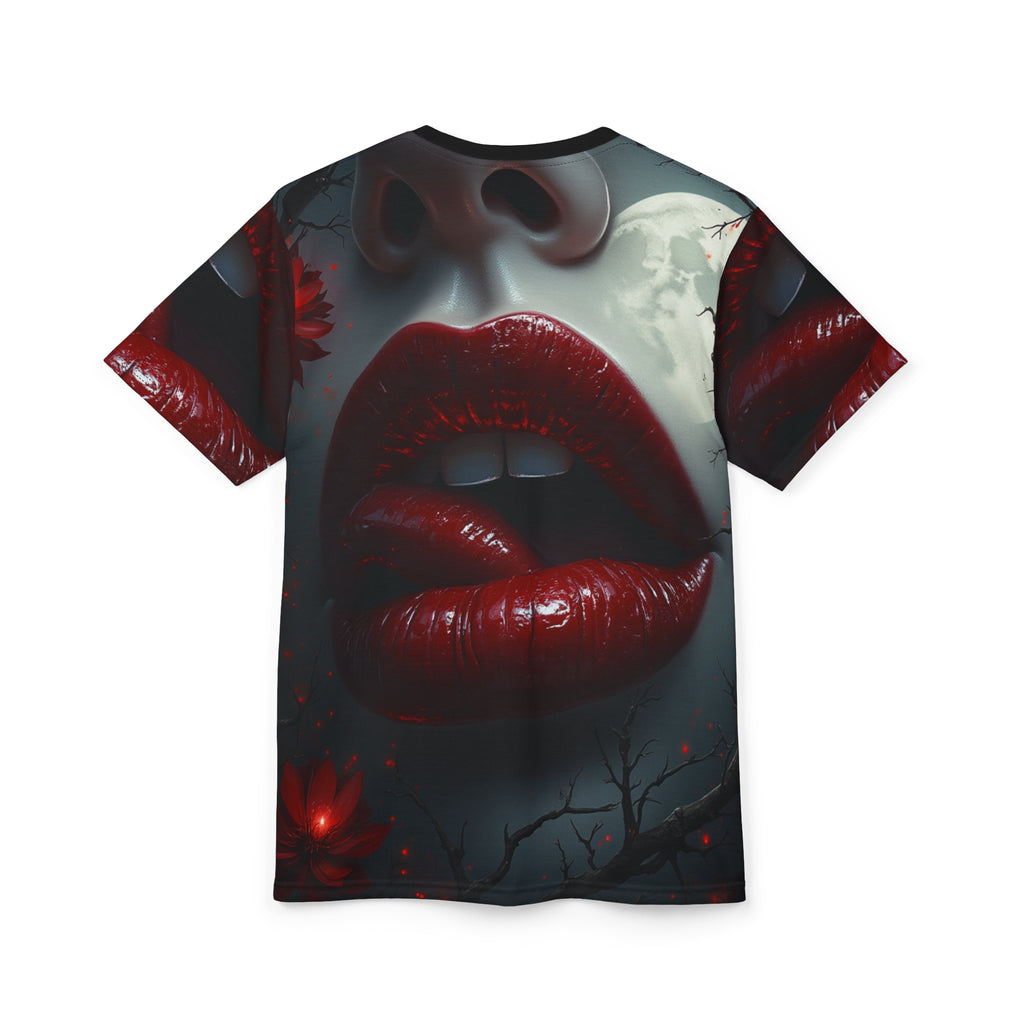 Vampire Kiss Unisex Graphic T-Shirt with edgy gothic vampire design, perfect for Halloween and alternative fashion