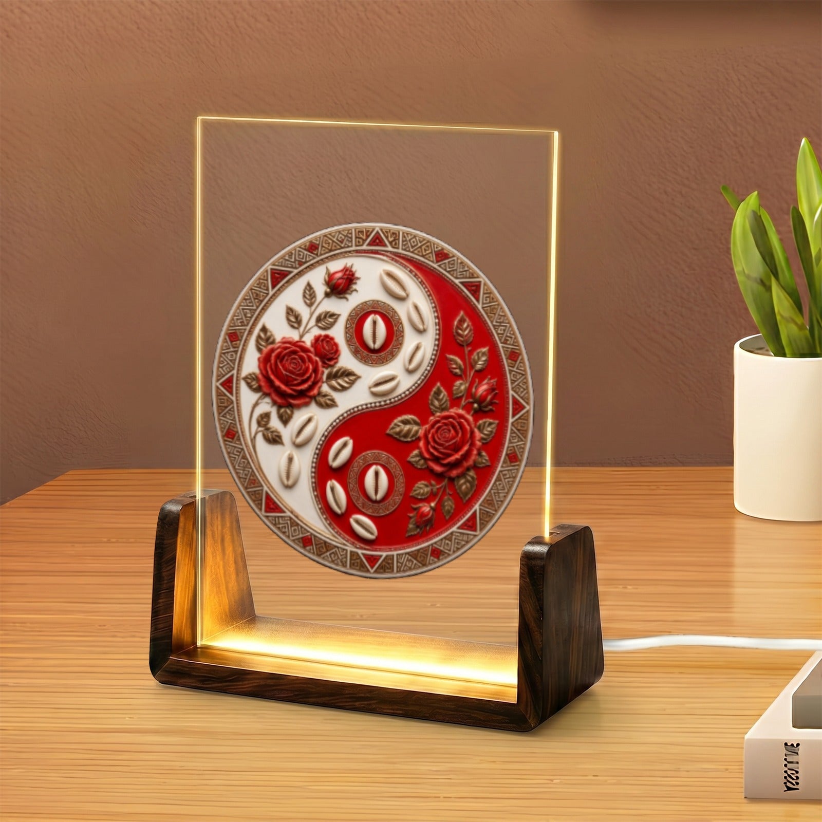 Yin-yang acrylic LED night light with 5x7 panel, walnut wood base, and tribal artwork — alternate view
