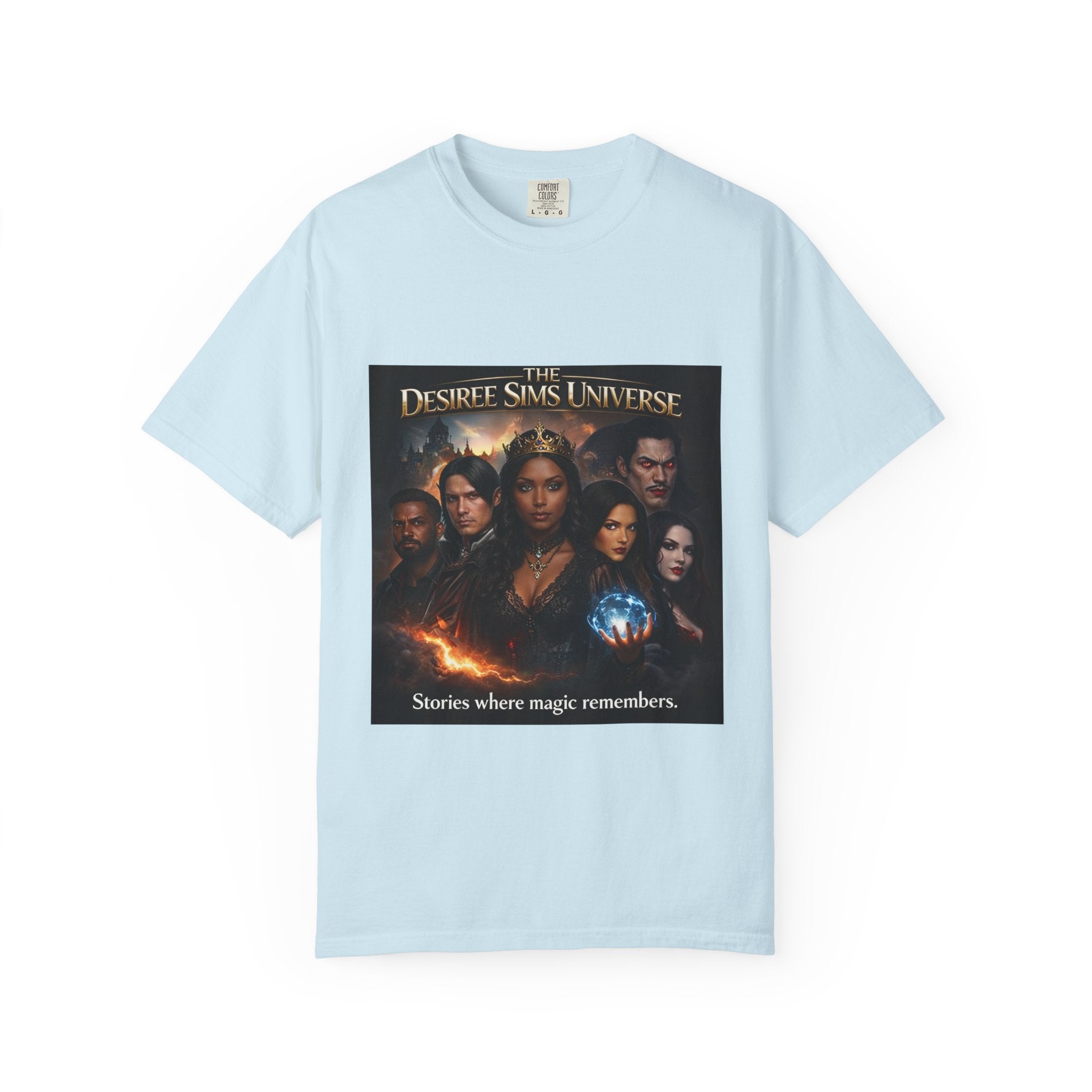 Desiree Sims Universe Fantasy Series Cast Poster T-shirt with cinematic magic print on garment-dyed fabric