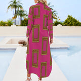 Pink long-sleeve button-up shirtdress with a split hem and relaxed long-shirt silhouette — side view