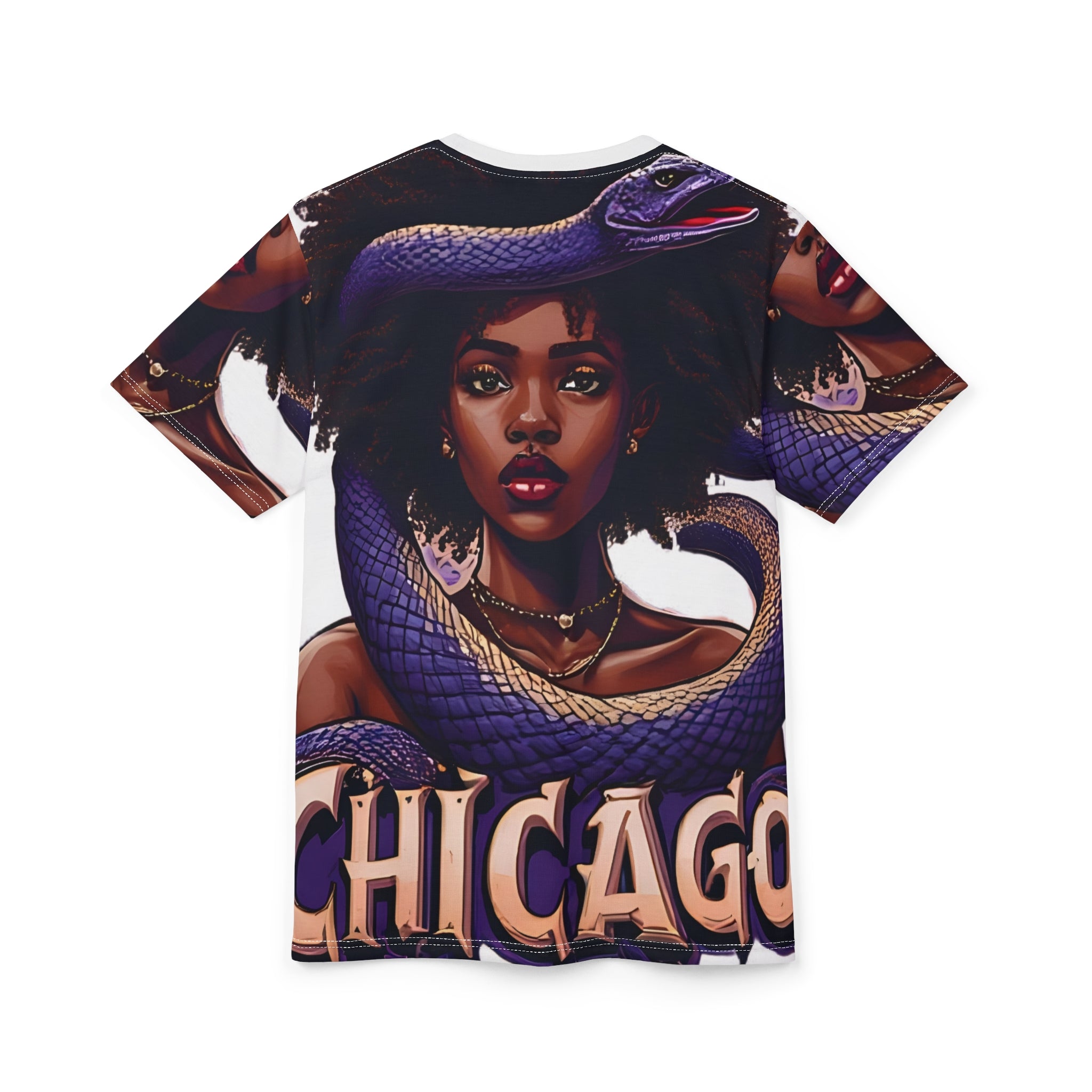 Unisex tee with vibrant spooky chic Halloween all-over print, crew neck and lightweight feel — rear view