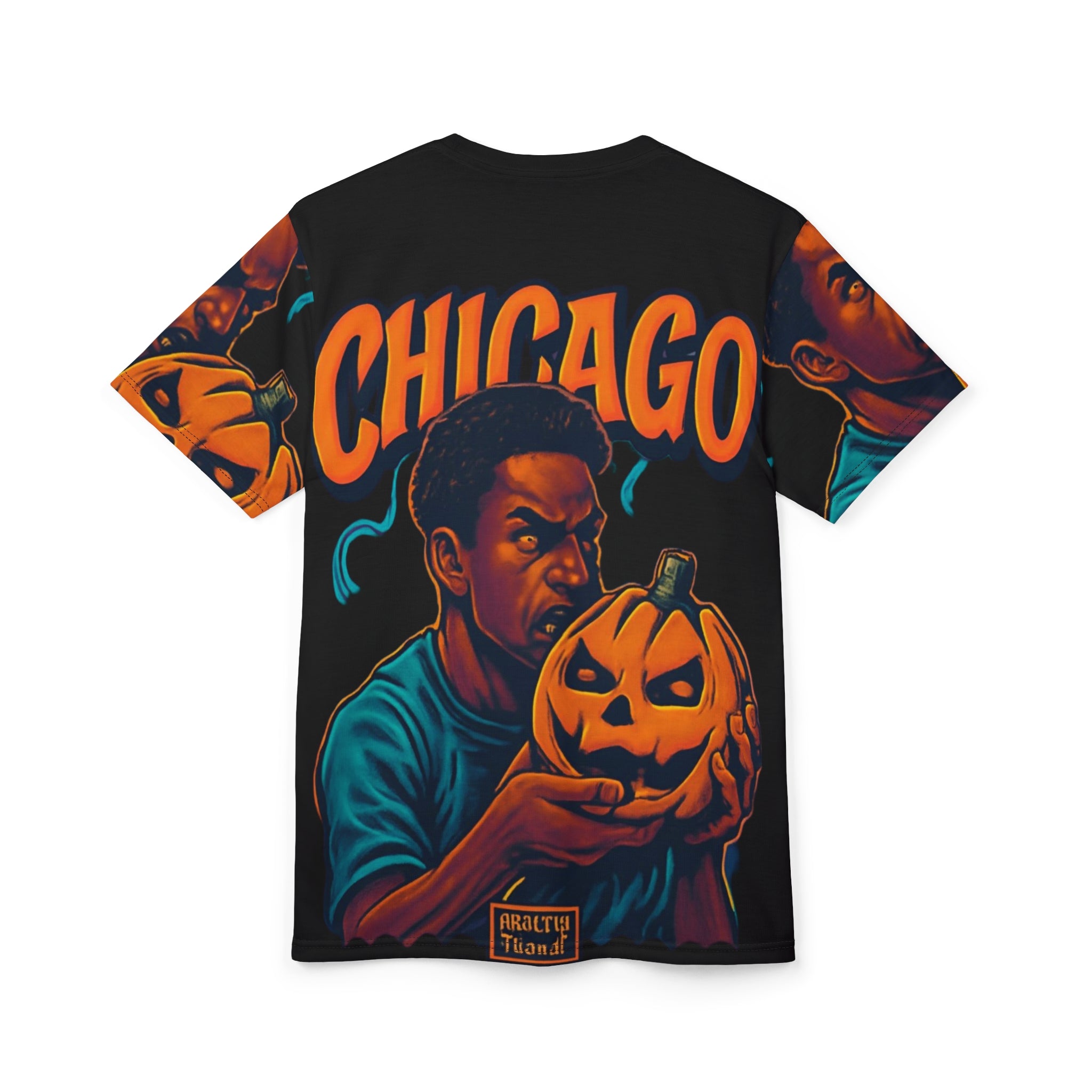 Unisex tee with Chicago-inspired spooky all-over print, crew neck and regular fit assembled in the USA — rear view