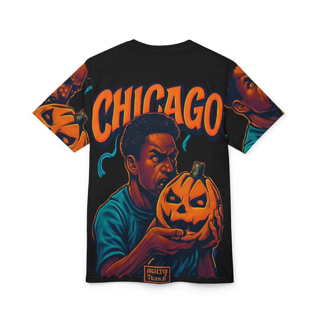 Chicago Halloween Unisex Tee with spooky pumpkin graphic, fall streetwear style