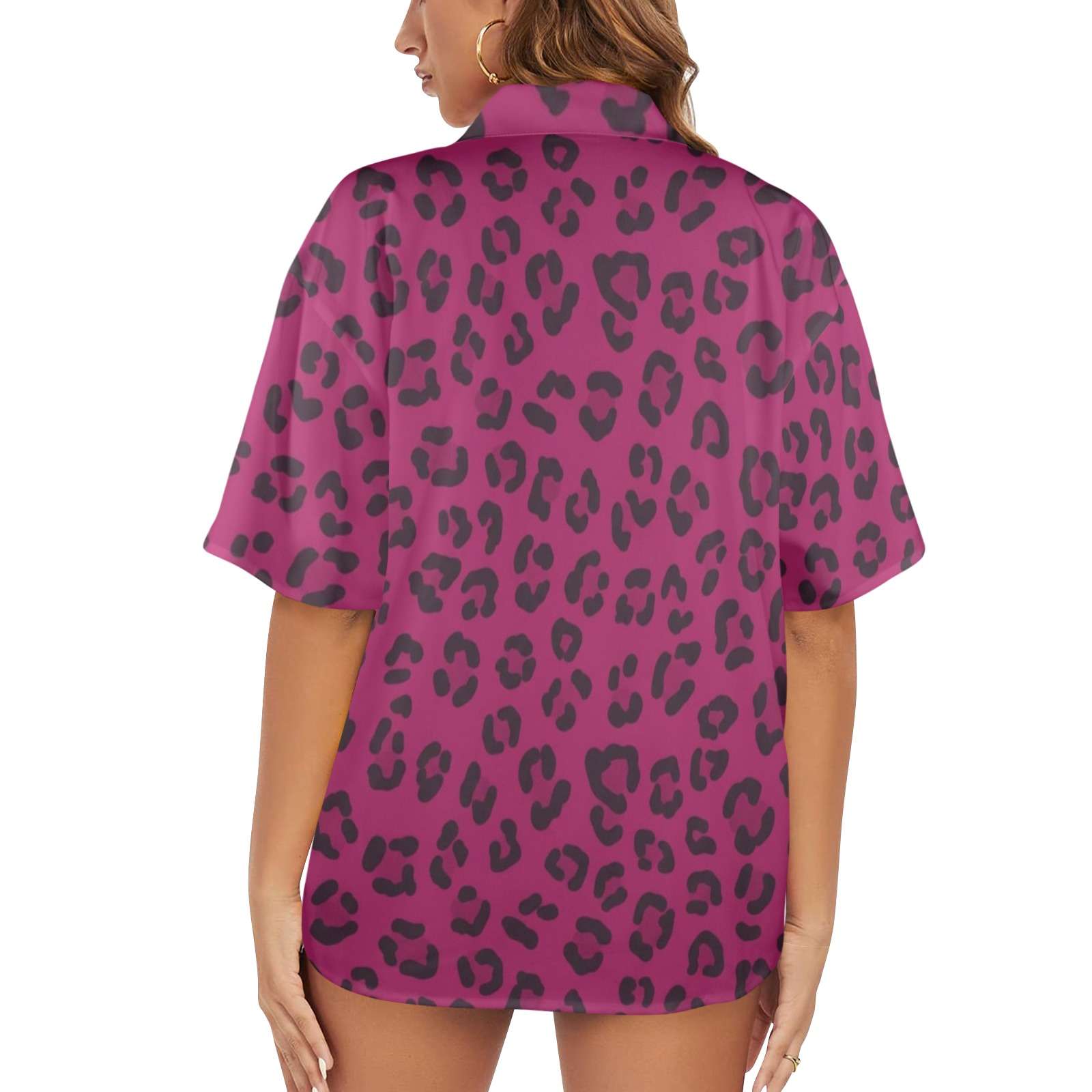 Magenta animal-print women's Hawaiian shirt with notch lapel and short sleeves — side view