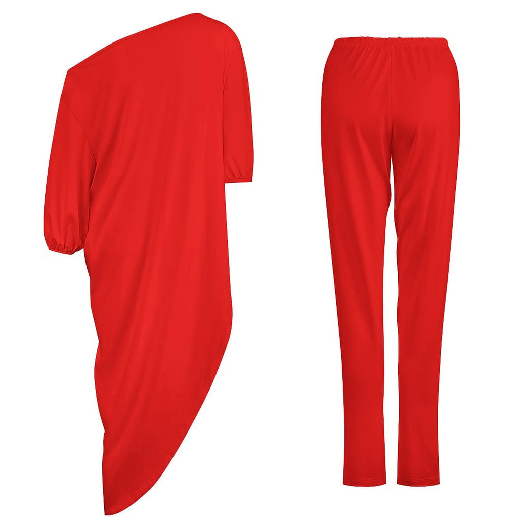 Women's off shoulder two-piece set featuring a diagonal shoulder top and matching trousers in soft fabric