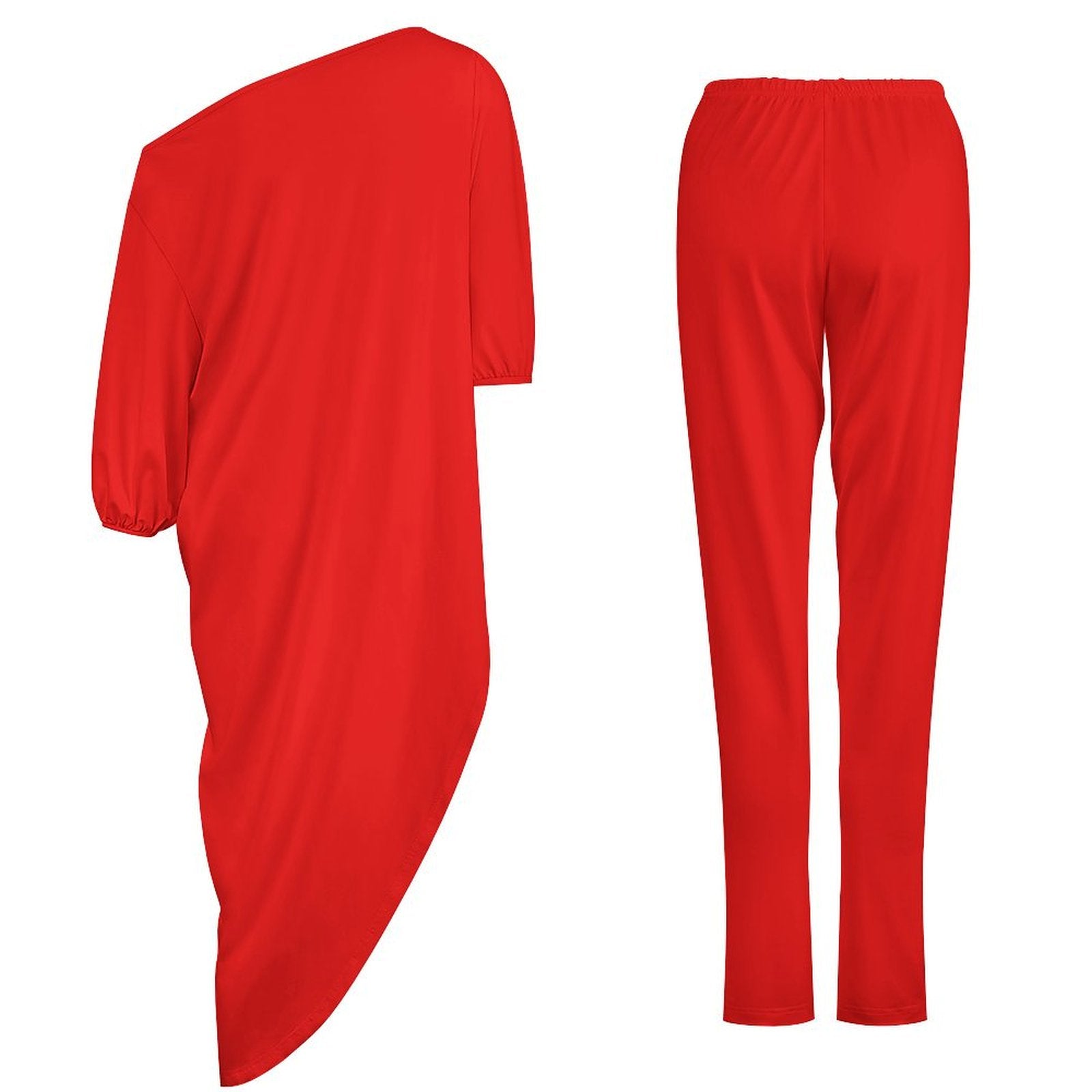 Women's off shoulder two-piece set featuring a diagonal shoulder top and matching trousers in soft fabric