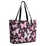 Pink butterflies leather handbag with litchi texture, zipper closure and back zip pocket — rear view