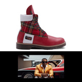Red Italian leather hightop boot with square-pattern stitching and embossed logo — additional view 8