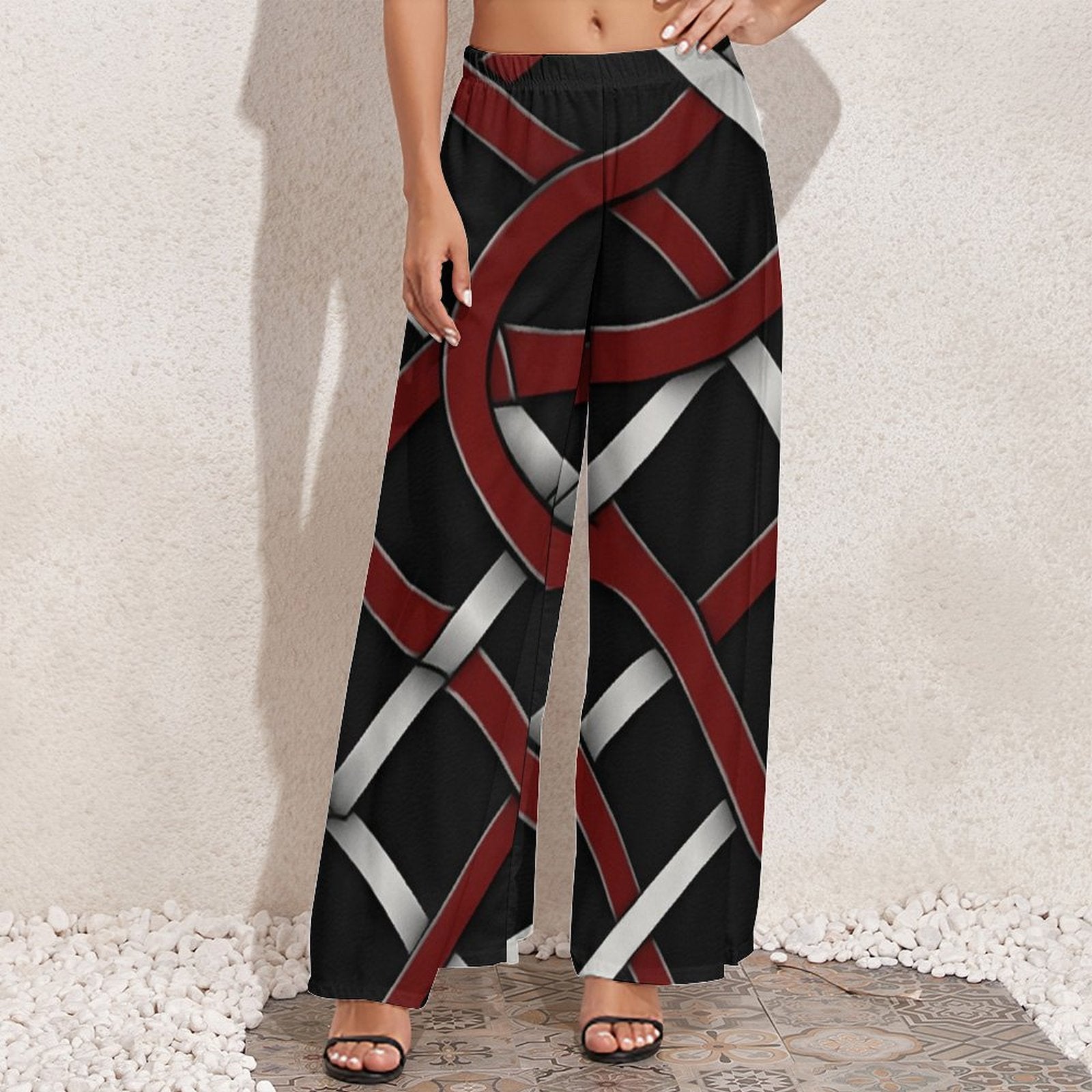 Rich and Rich women's wide leg pants in red and gray with high-waisted design