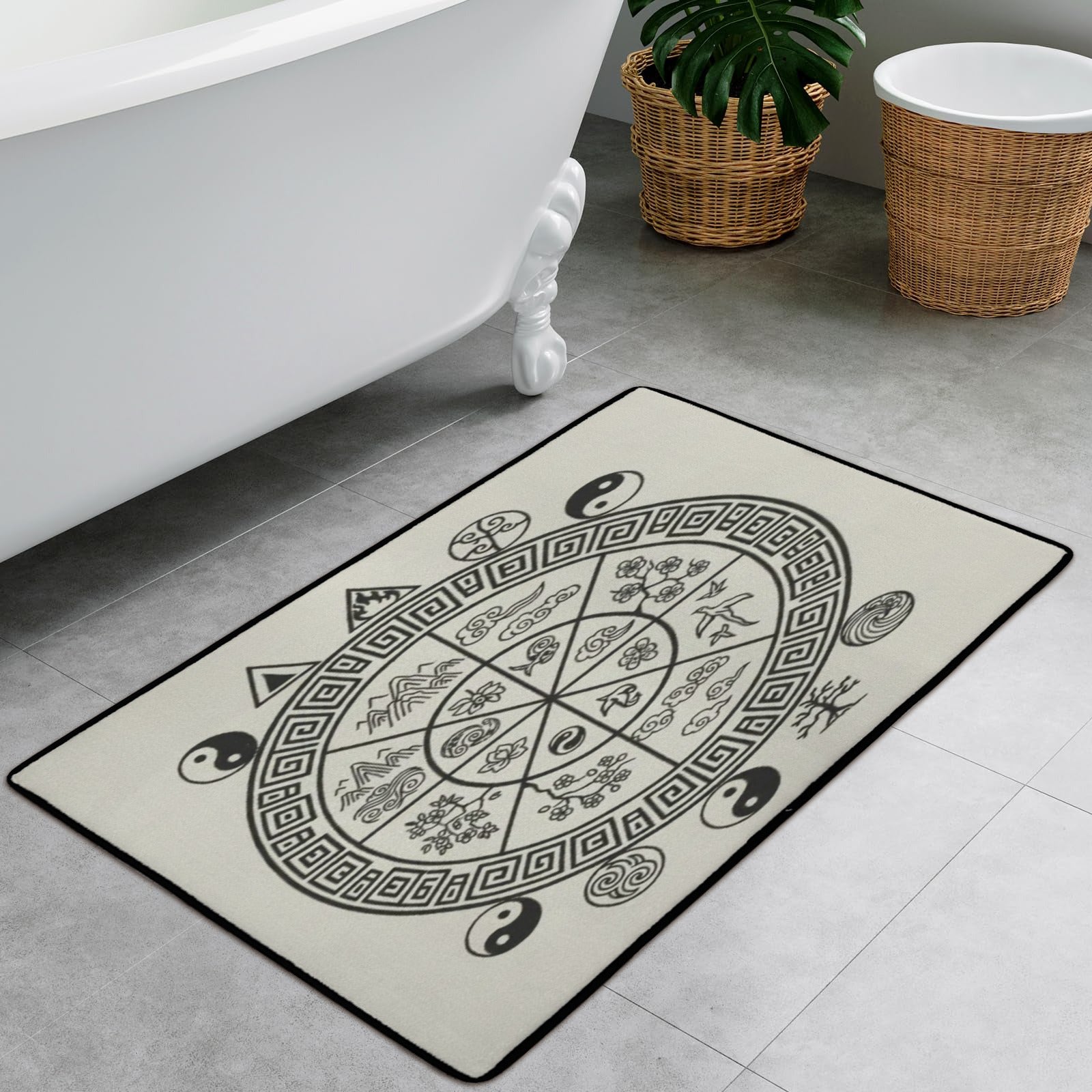 Rich and Rich Black White Feng Shui Area Rug with Black Binding 31x20 in modern home setting