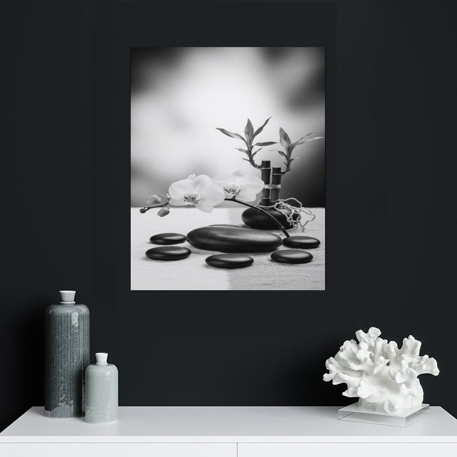 Vertical black and white canvas print with textured surface, 16x20 inches — side view