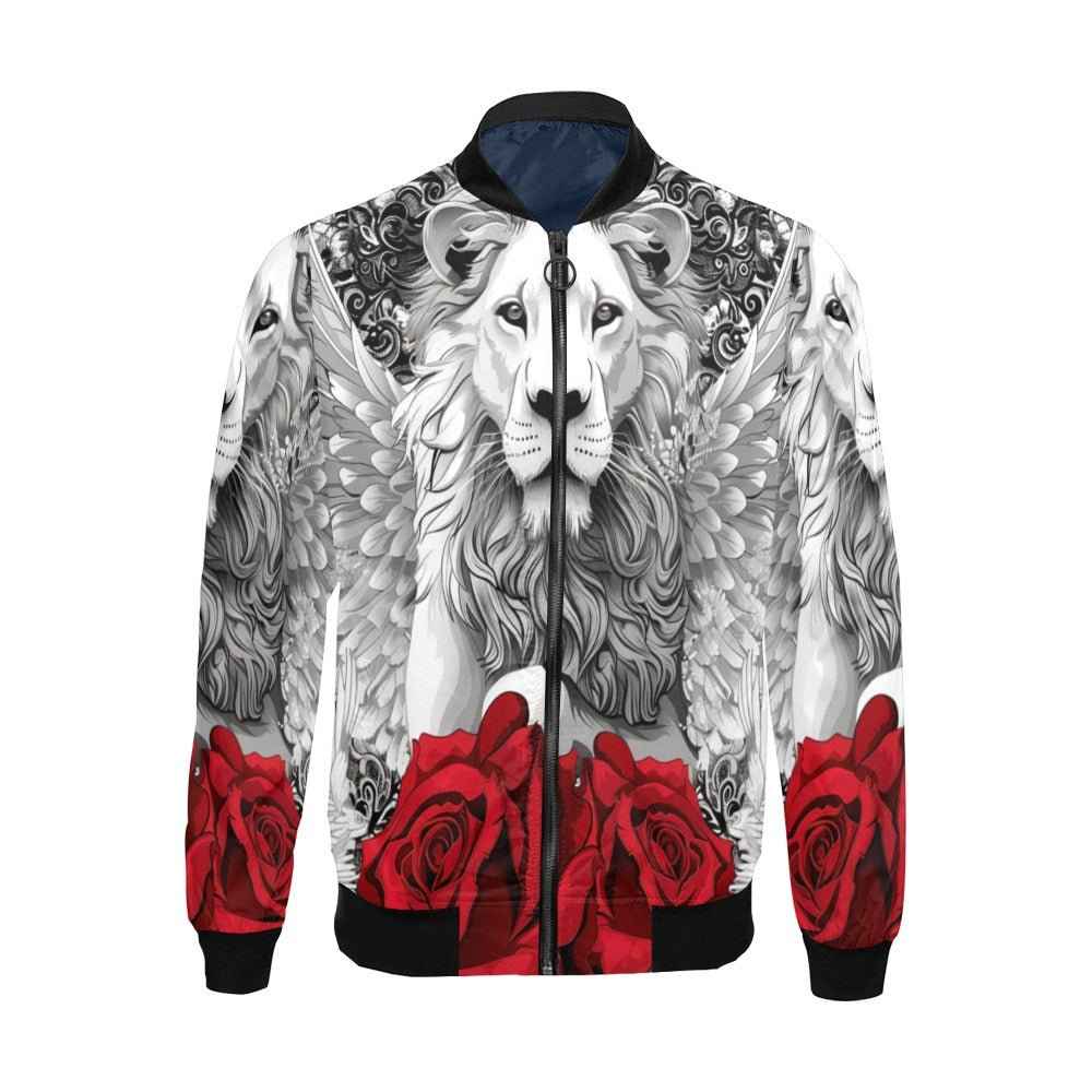 Black bomber jacket with red and white lion and rose prints and full-length zipper — product detail
