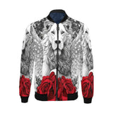 Black bomber jacket with red and white lion and rose prints and full-length zipper — product detail