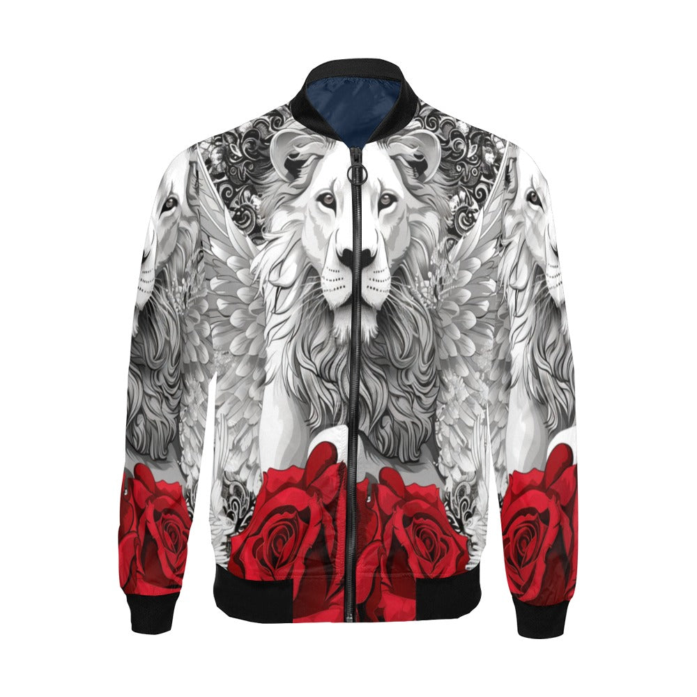 R&RH Mens Caricature and Roses Black Zipper Bomber Jacket with all-over print