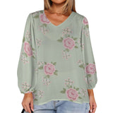 Pink and mint green floral chiffon blouse with V-neck and long puff sleeves — alternate view