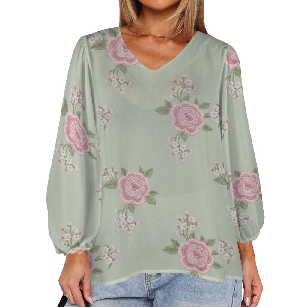 Rich and Rich Pink and Mint Green Floral Puff Sleeve Women's Blouse on white background