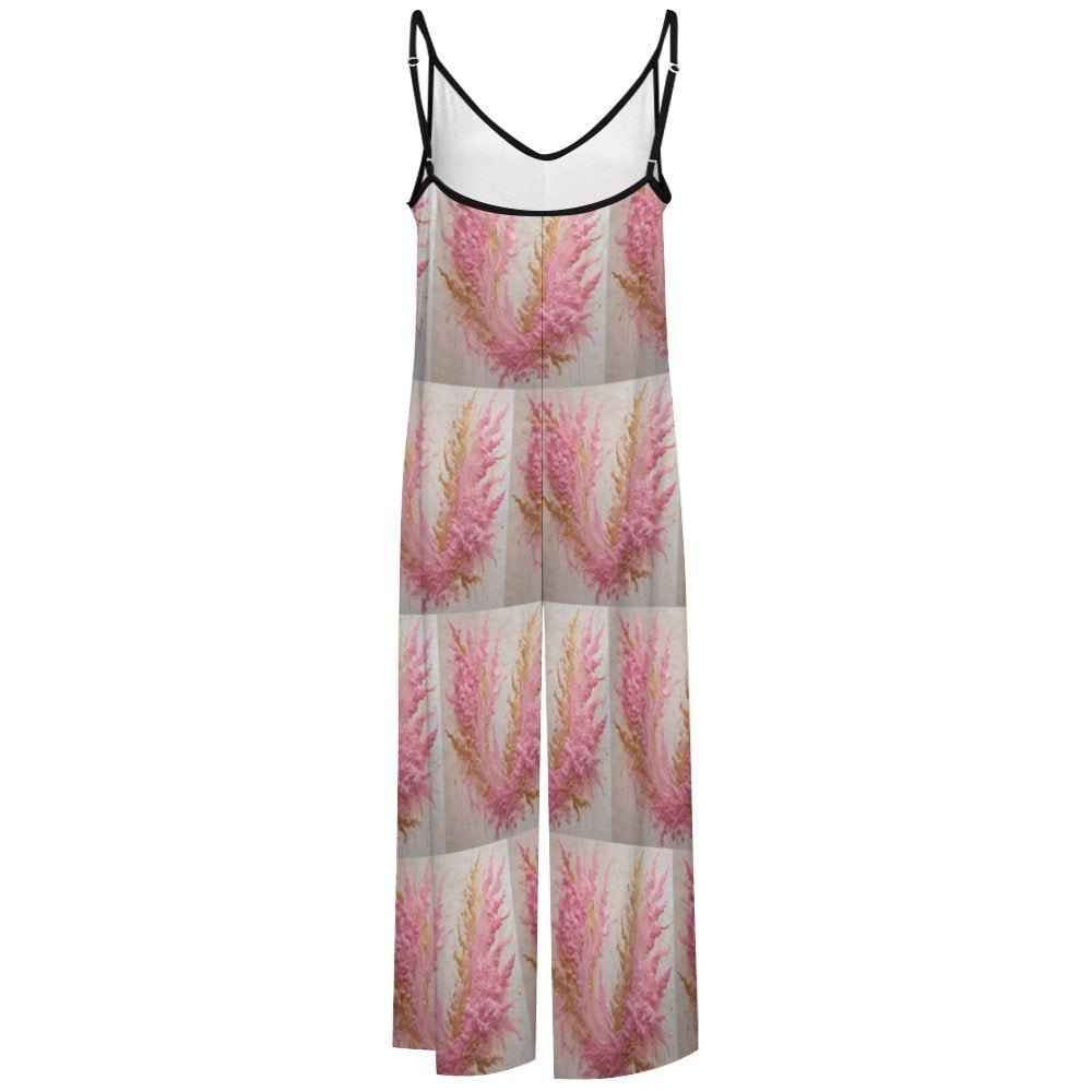 Waterproof gray and pink floral women's suspender jumpsuit with deep V-neck and loose legs — additional view 7