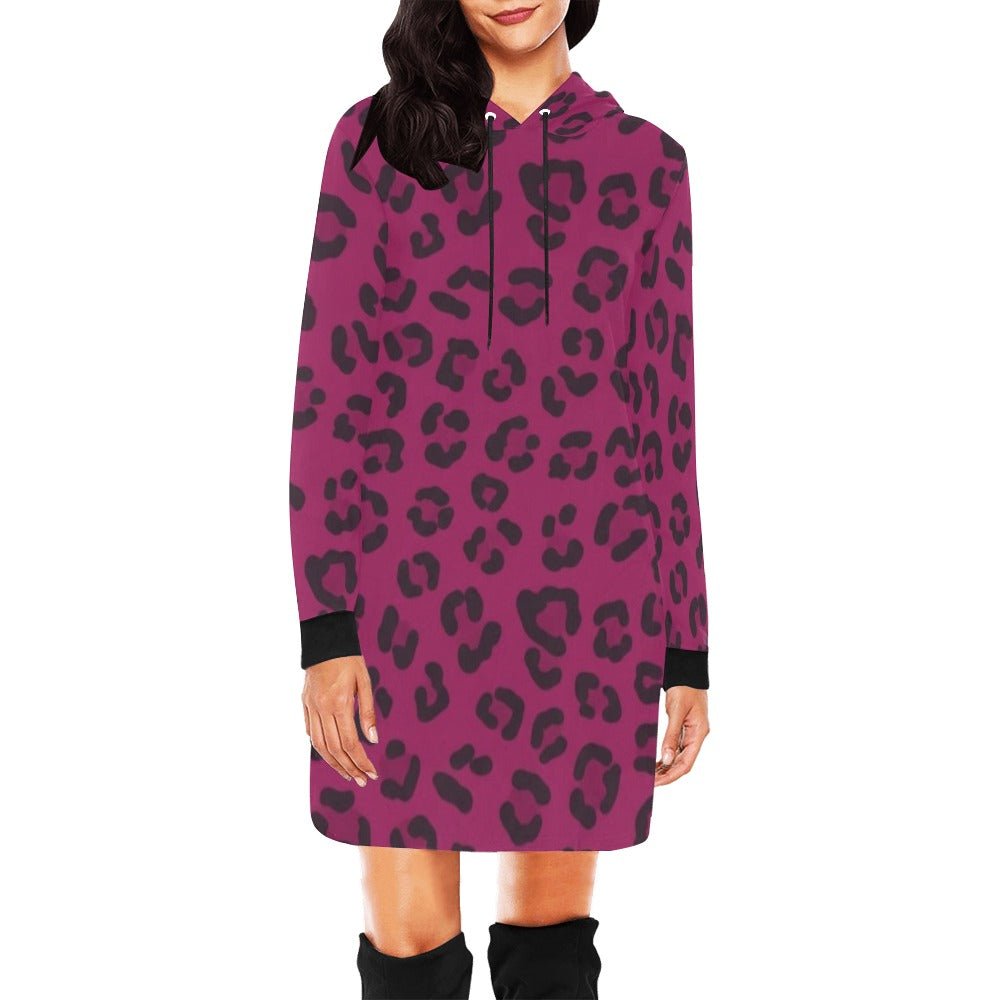 Magenta animal-print oversized hooded mini dress with deep pockets and long sleeves — alternate view