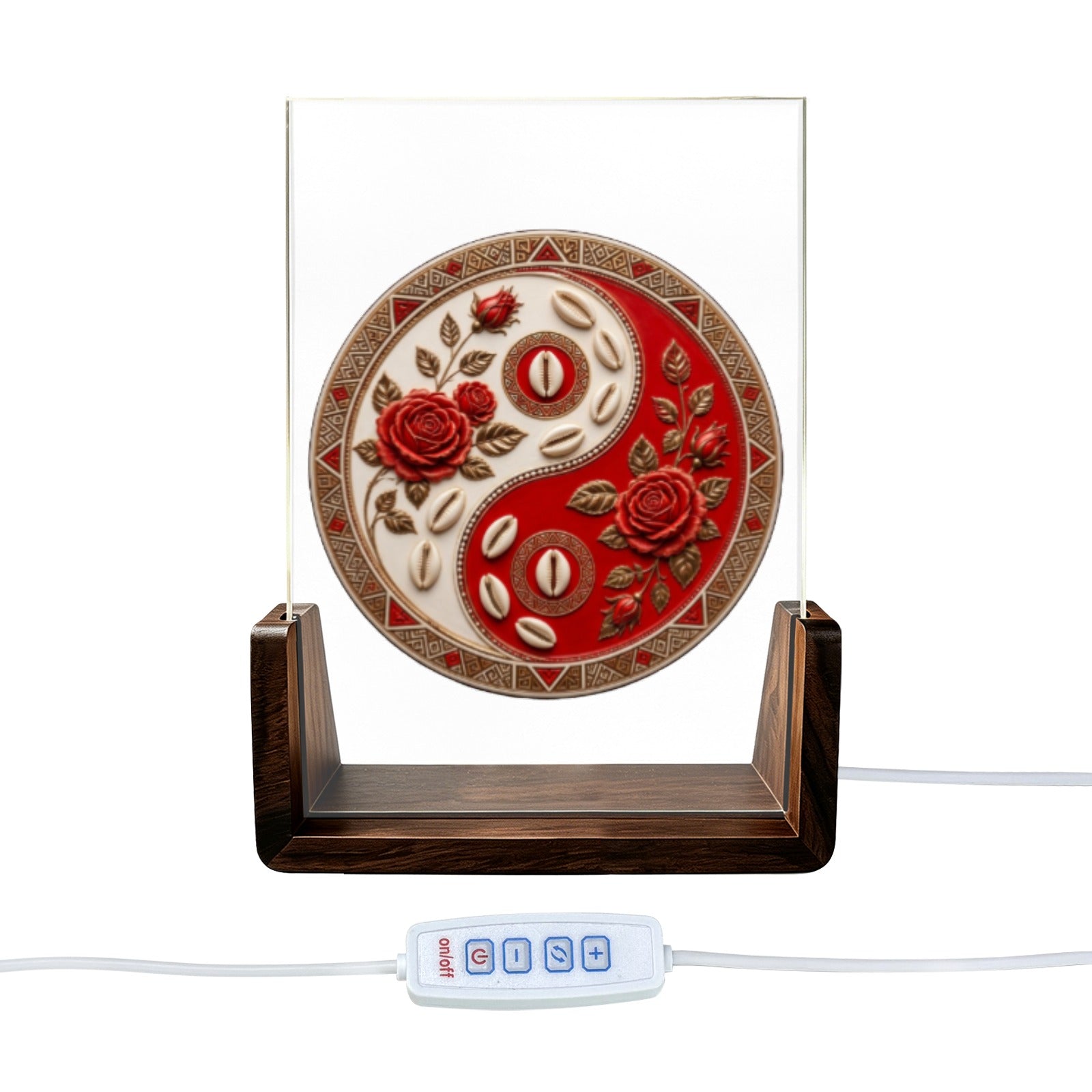 Yin-yang acrylic LED night light with 5x7 panel, walnut wood base, and tribal artwork — side view