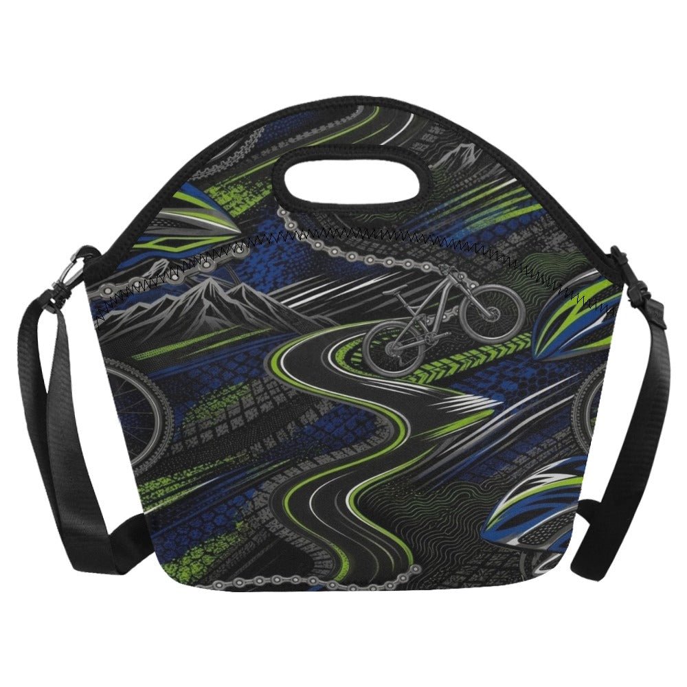 Black neoprene lunch bag with shoulder strap, top handle and cycling‑inspired design in large size — additional view 7