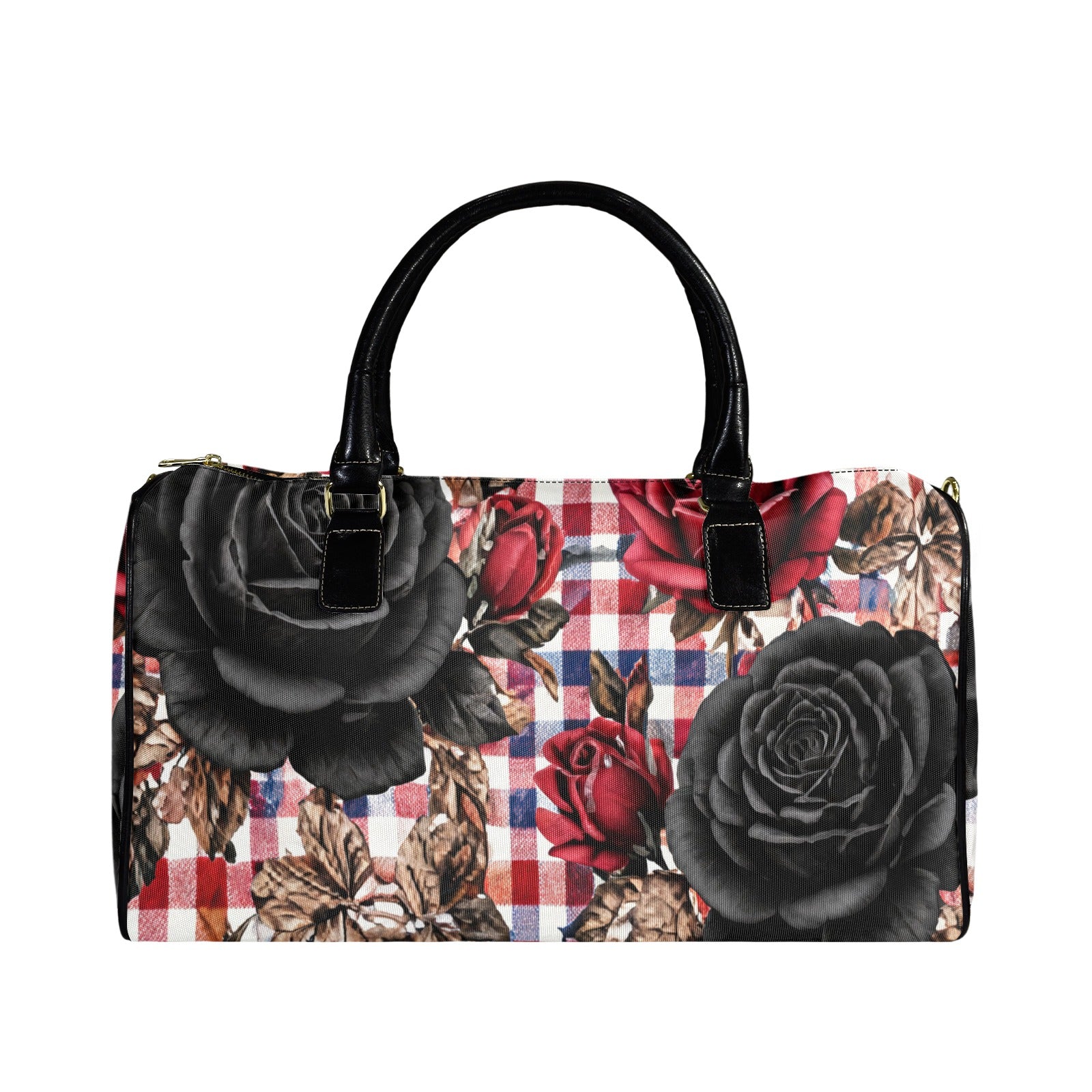 Red checkered rose large-capacity duffel in 1200D nylon with PU leather handles and adjustable strap — alternate view