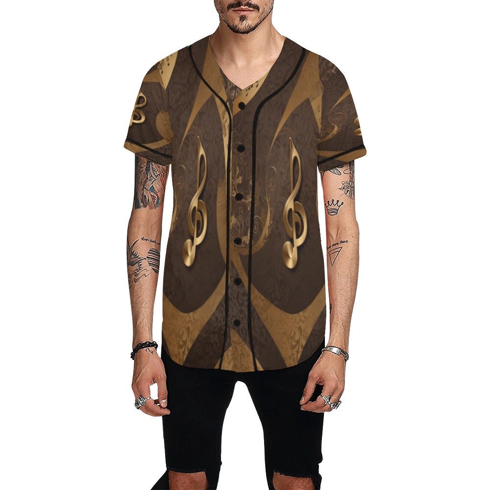 Baseball jersey with gold leopard and musical notes all-over print and full-button front