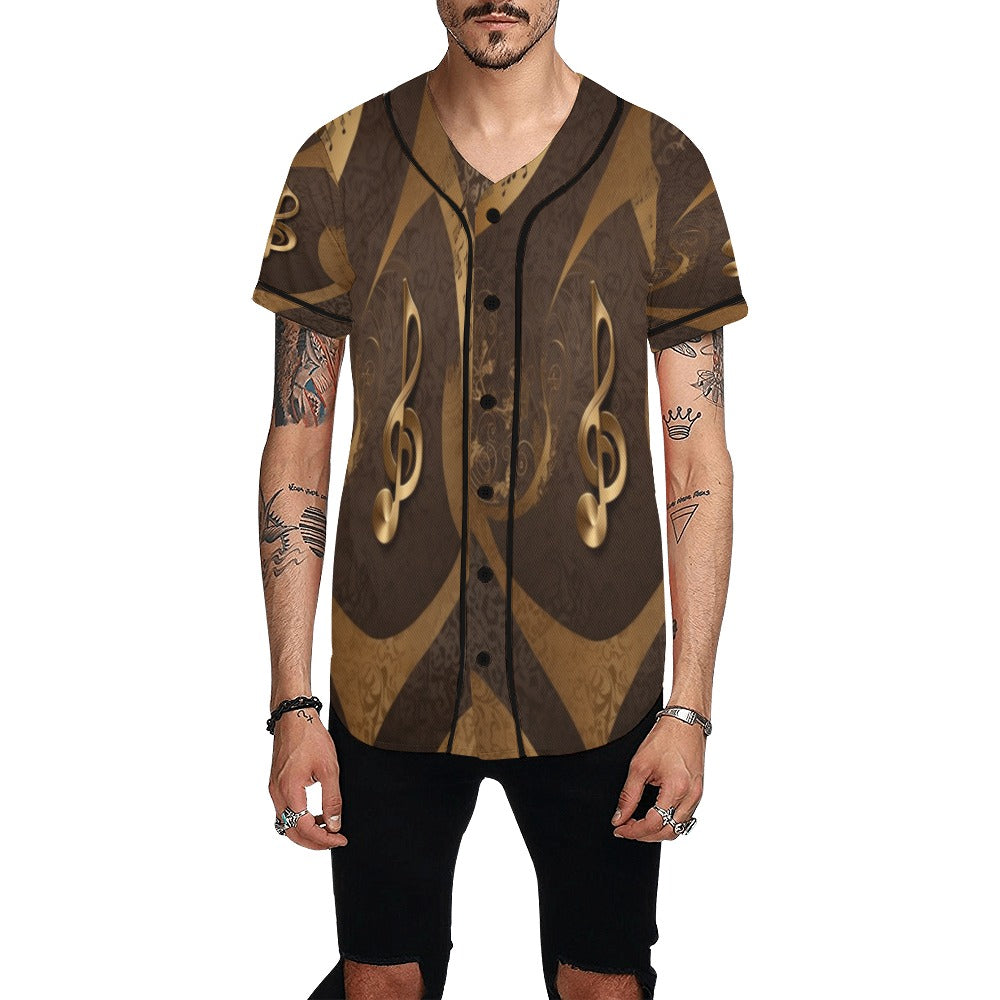 R&RH Gold Leopard Musical Notes men's all-over print baseball jersey in premium mesh fabric