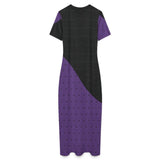 Purple diagonal print bodycon maxi dress with short sleeves and crew neck — rear view