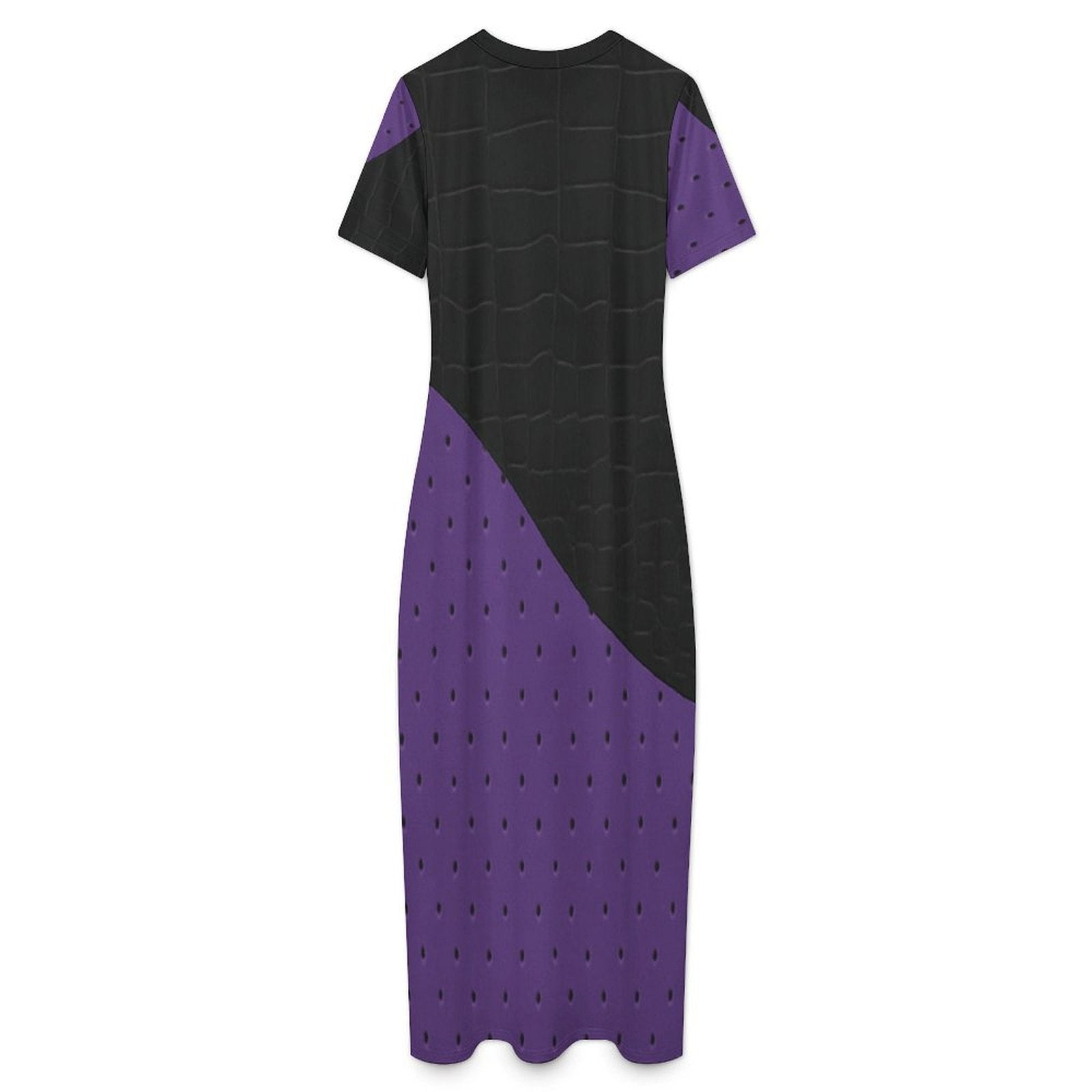 Purple diagonal print bodycon maxi dress with short sleeves and crew neck — rear view