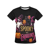 Black women's crew neck t-shirt with 'Spooky But Fabulous' Halloween graphic text — alternate view