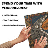 Horizontal wooden jigsaw puzzle depicting a mosaic sunset over Africa with roses, 1000 pieces — rear view