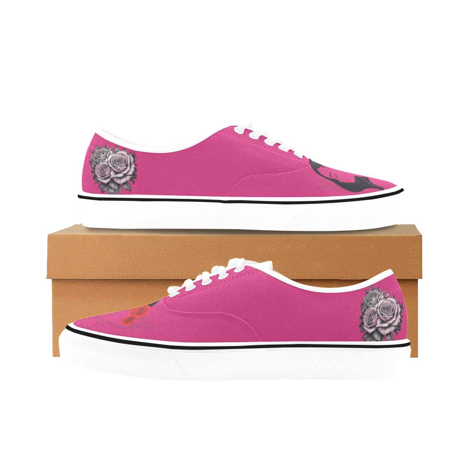 Pink low-top canvas sneakers with rose print, foamed insole and raw rubber sole
