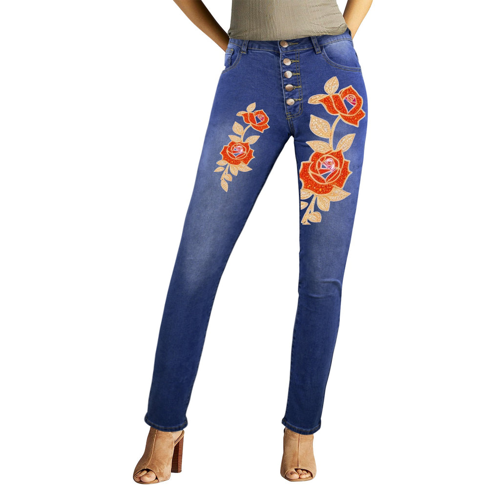 R&RH Women's Orange Rose Button Front High Waist Jeans with Front and Back Prints