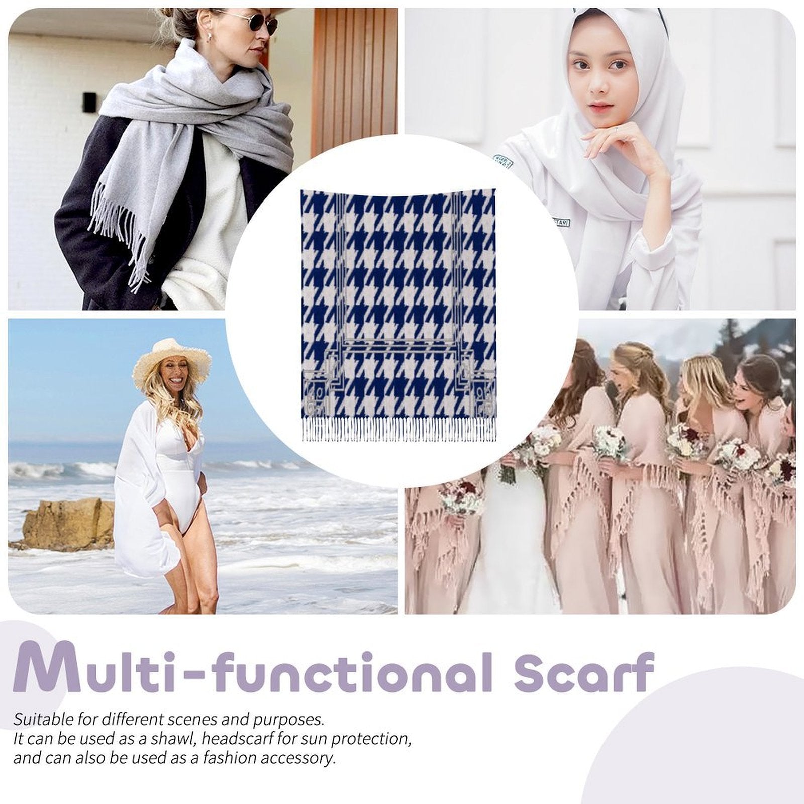 Royal blue and silver tassel scarf in imitation cashmere with fine-hemmed finish — additional view 10