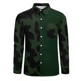 Side-pattern green camo men's long-sleeve V-neck button-up casual shirt — product detail