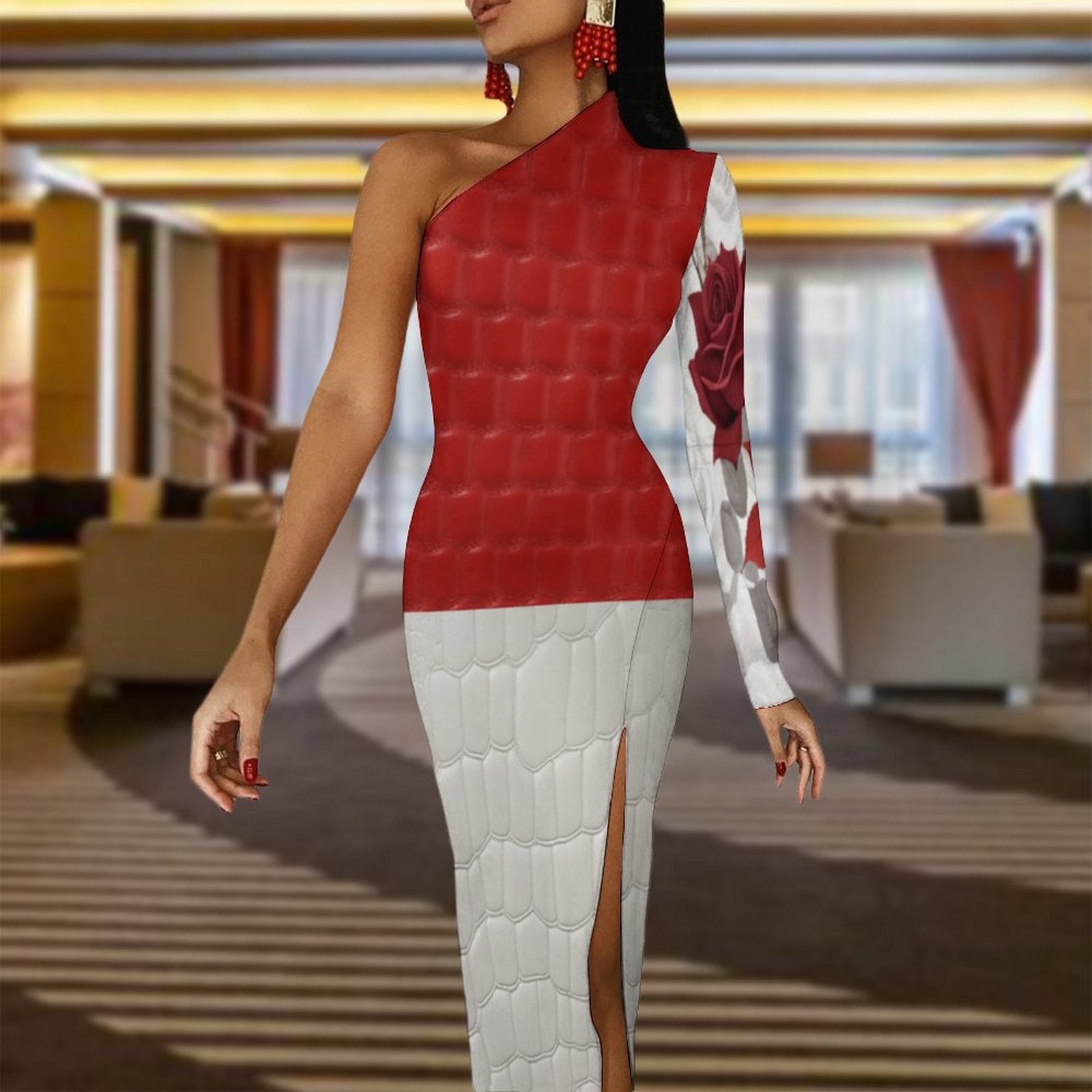 Rich and Rich women's red and white rose one-shoulder slit maxi dress with half sleeves