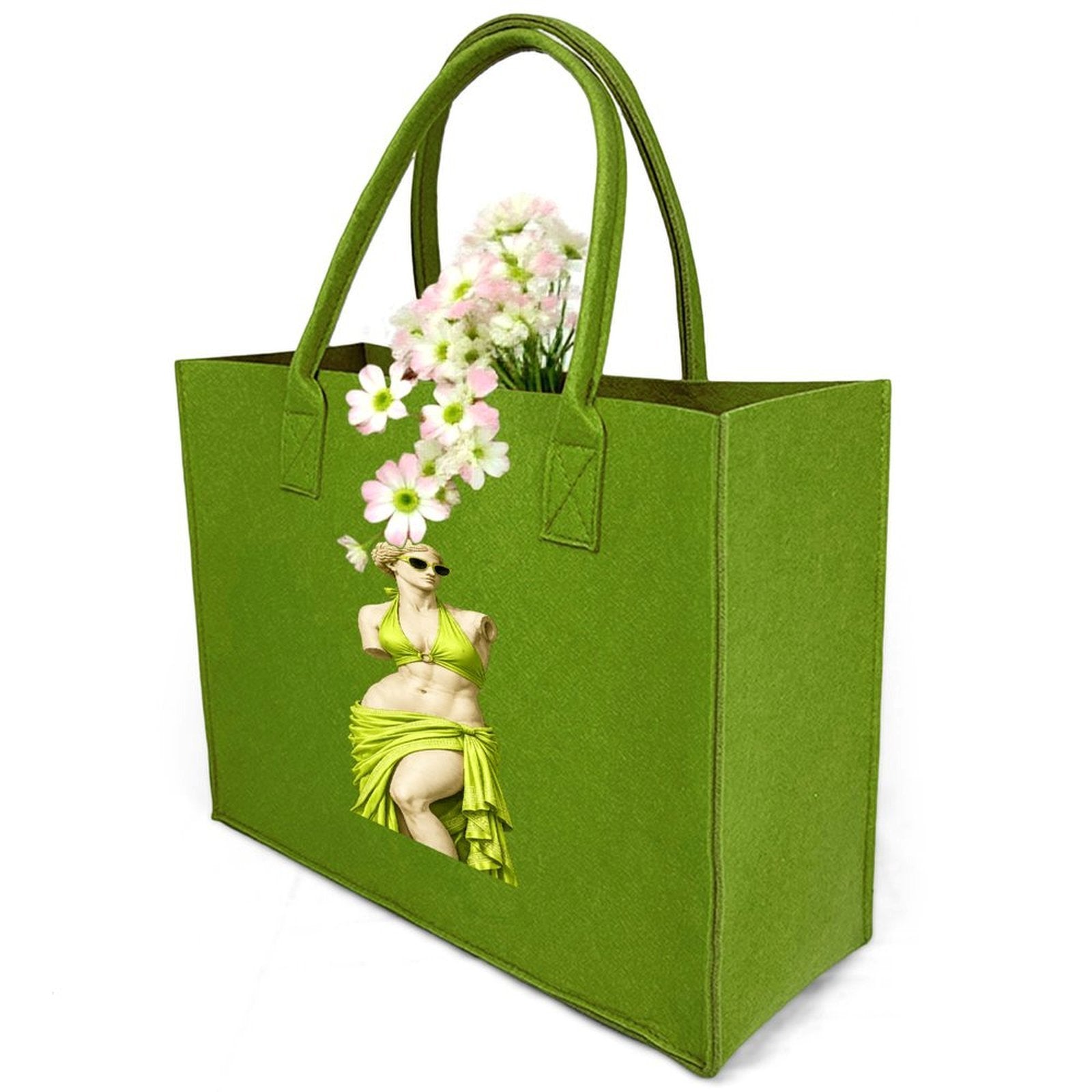 Light green felt tote bag filled with pink and white flowers demonstrating structure