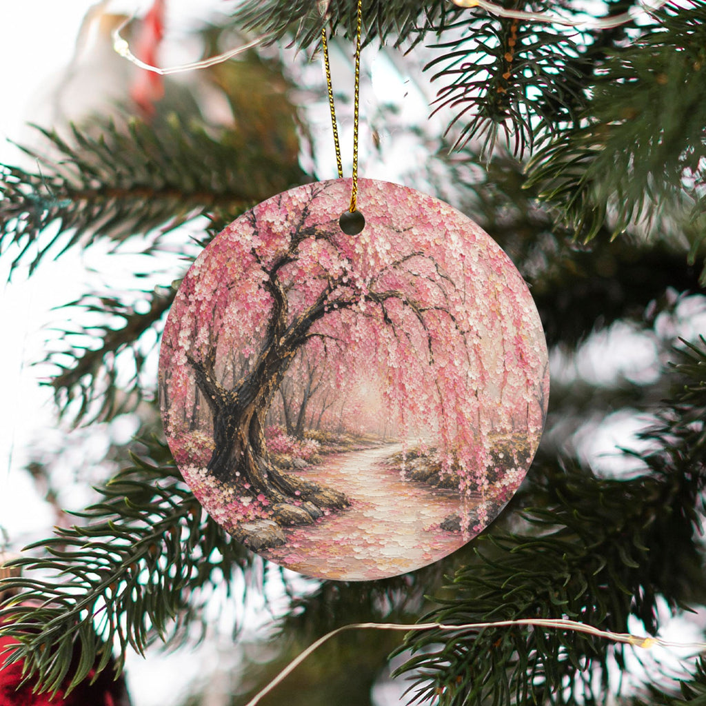 Japanese Pink Cherry Blossom Painting Round Ceramic Ornament (Two-Sided Same Print)