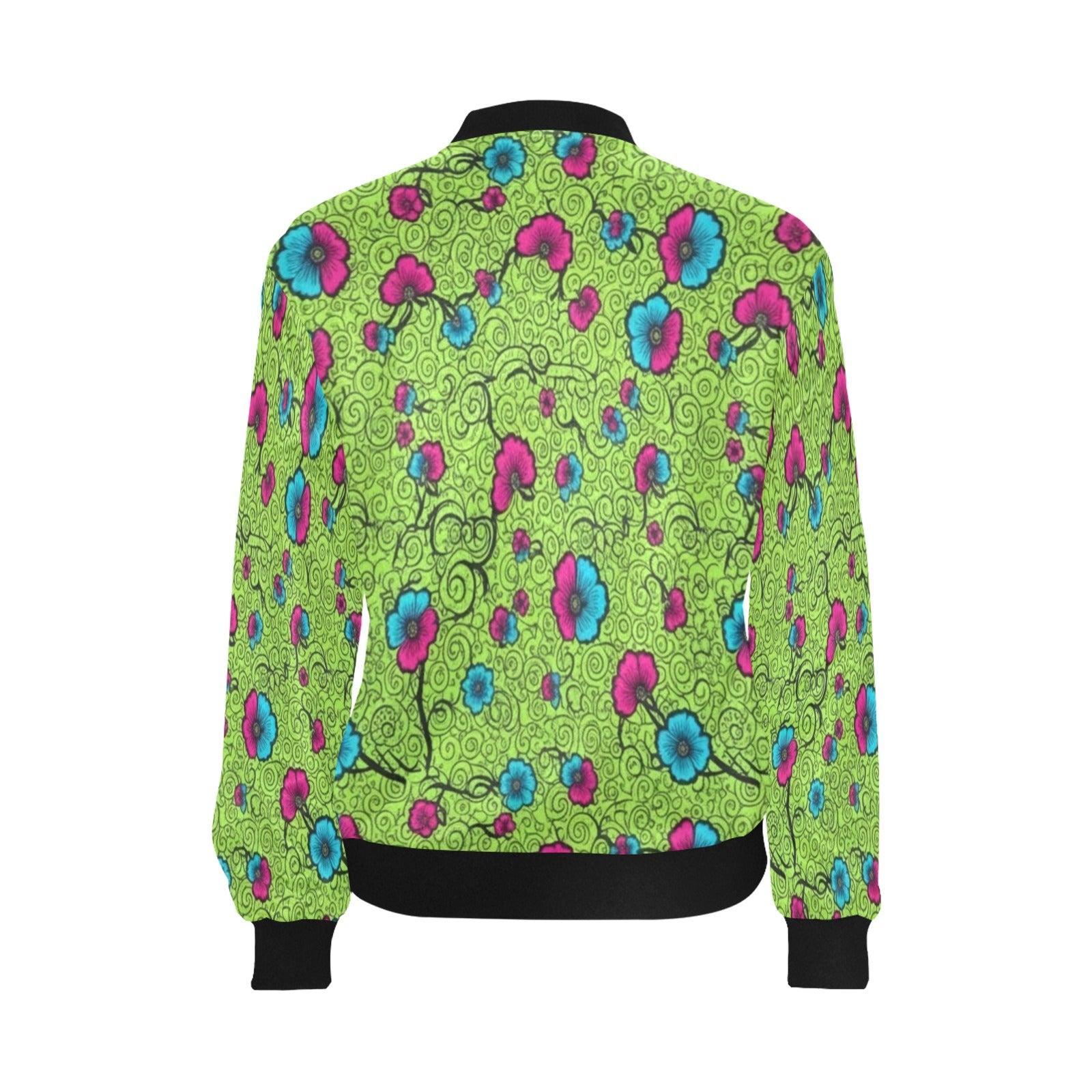 Green floral all-over print bomber jacket with ribbed collar, zip front, and pouch pockets — rear view