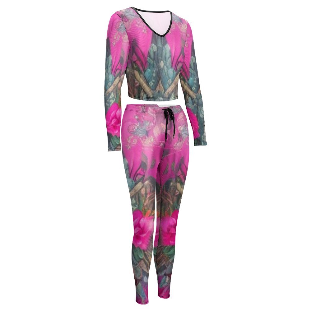 Women's V-Neck Long Sleeve Yoga Sweatshirt Set in breathable fabric