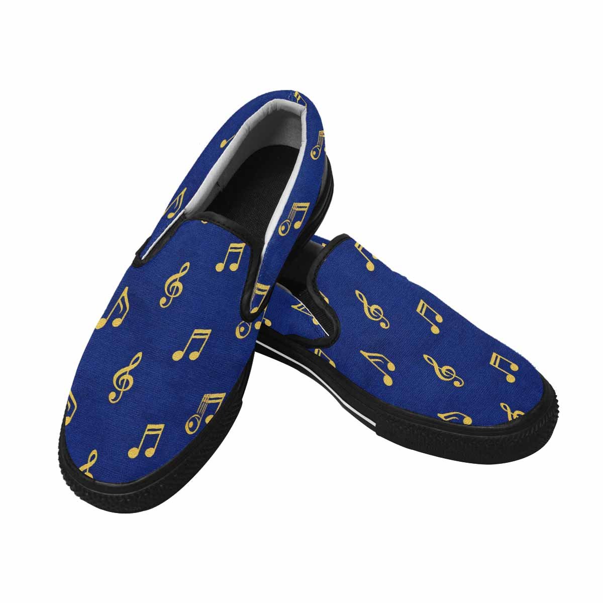 Blue canvas slip-on shoe with musical notes print, cushioned footbed and elastic goring — additional view 6