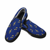 Blue canvas slip-on shoe with musical notes print, cushioned footbed and elastic goring — additional view 6
