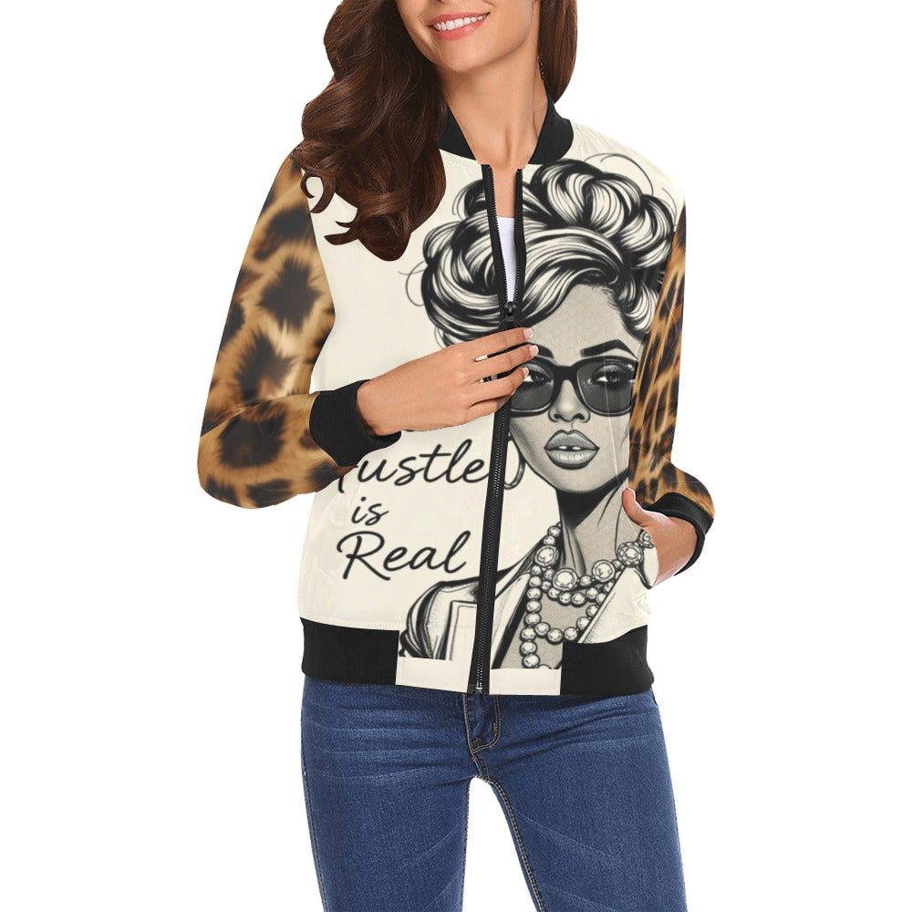 Brown caricature all-over print bomber jacket with ribbed collar, elastic cuffs and zip front — product detail