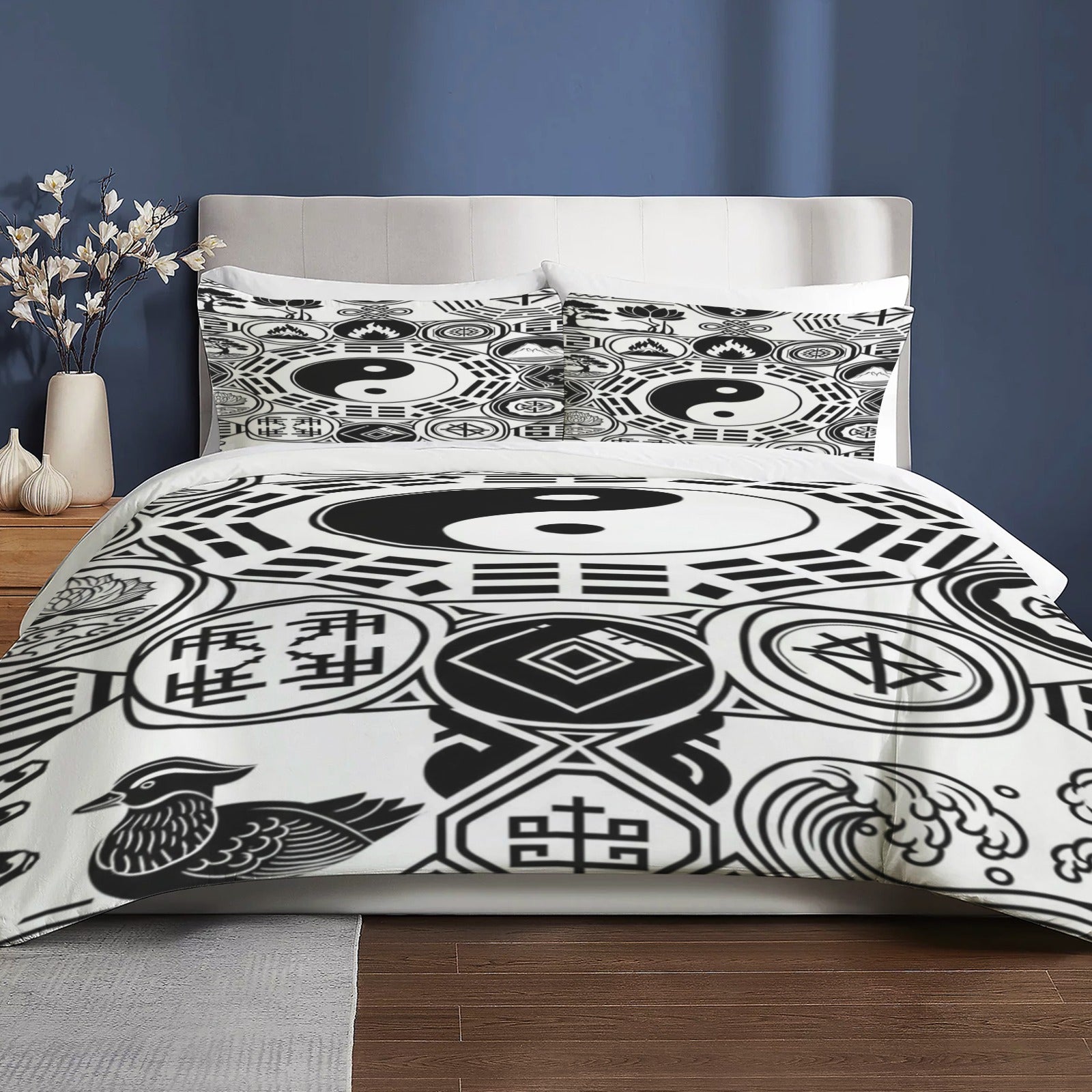 Rich and Rich White and Black Feng Shui 3-Piece Bedding Set on bed