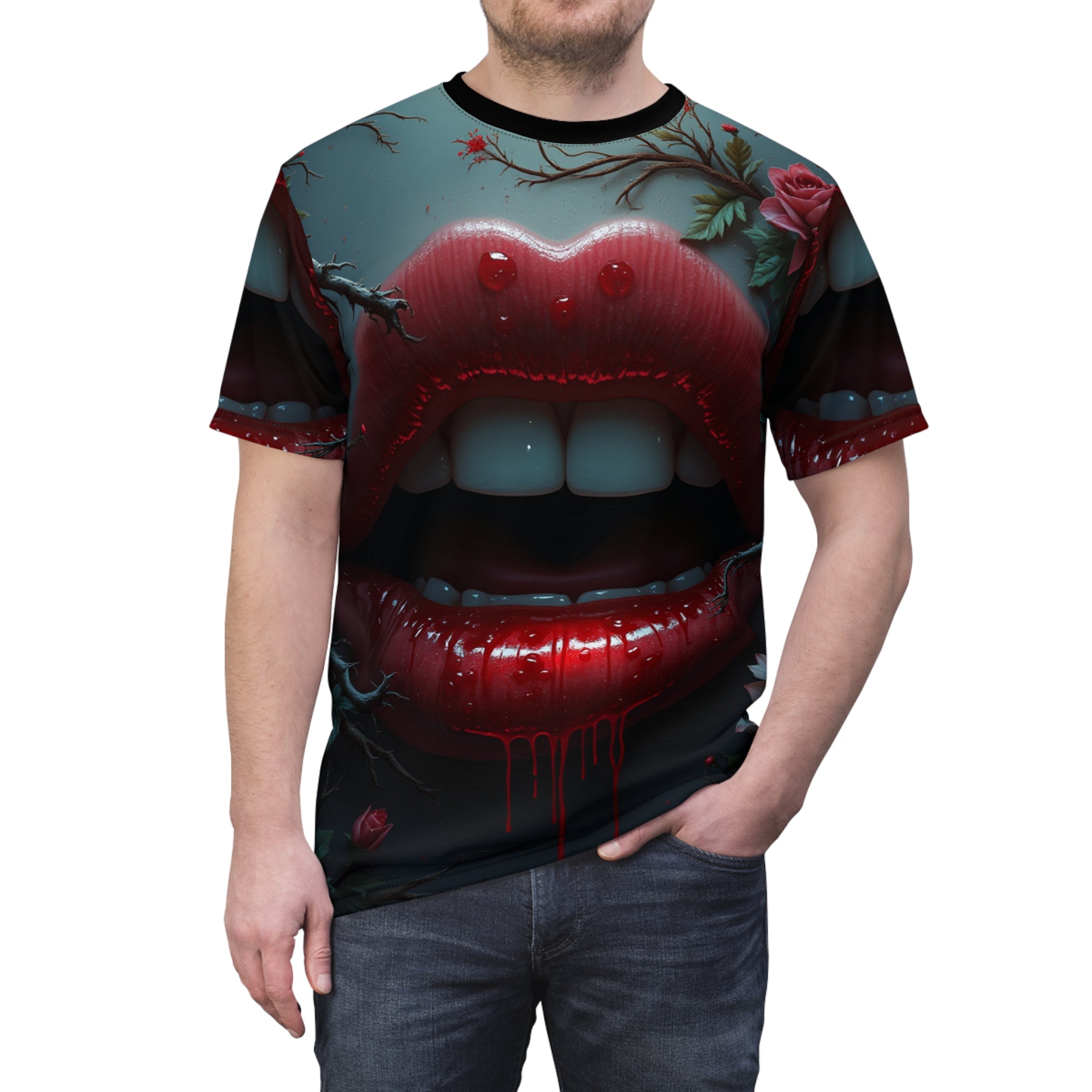 Vampiric Kiss Unisex Gothic Halloween Graphic Tee with dark vampire-inspired design
