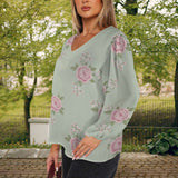 Pink and mint green floral chiffon blouse with V-neck and long puff sleeves — product detail