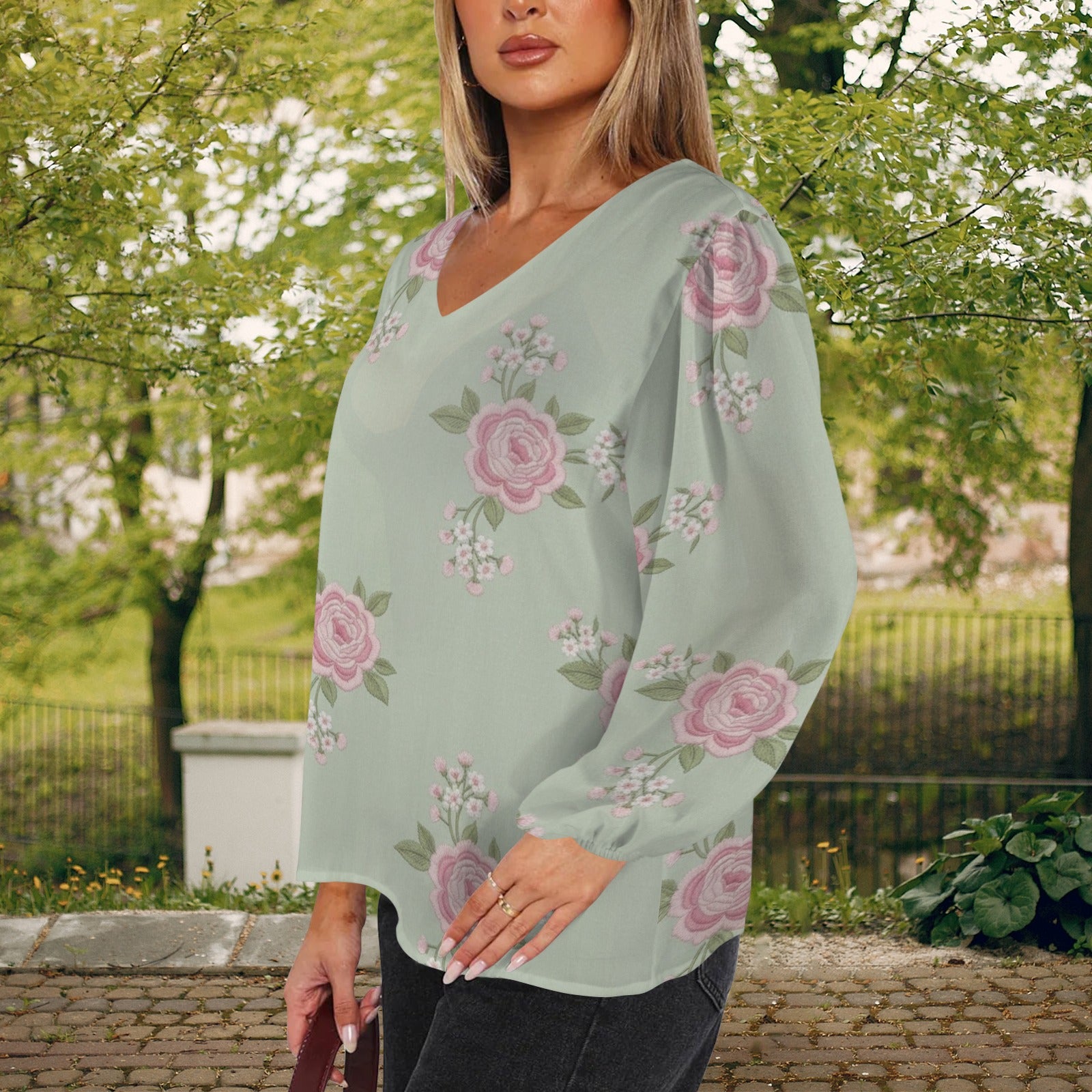 Rich and Rich Pink and Mint Green Floral Puff Sleeve Women's Blouse