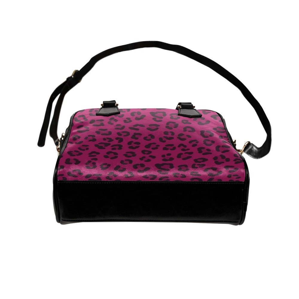 Magenta animal-print PU shoulder handbag with double handles and removable strap — side view