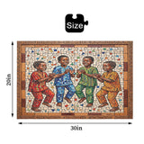 Colorful 1000-piece wooden puzzle showing children dancing in celebration (Juba design) — side view