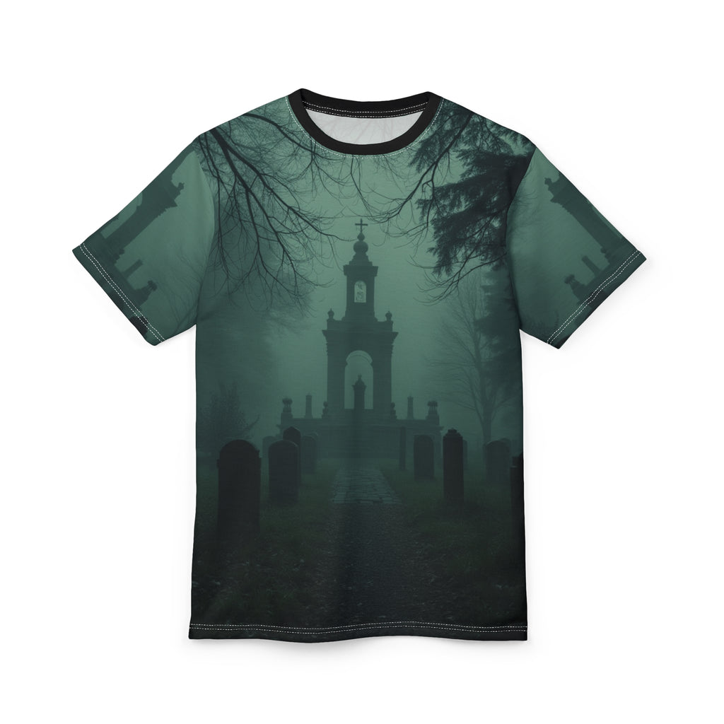 Eerie Cemetery Unisex Halloween T-shirt featuring spooky ghost and misty graveyard all-over print design